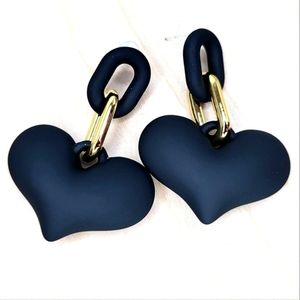 Chunky, Black Heart, Gold tone Chain Link, Drop Earrings, 925 Silver Posts